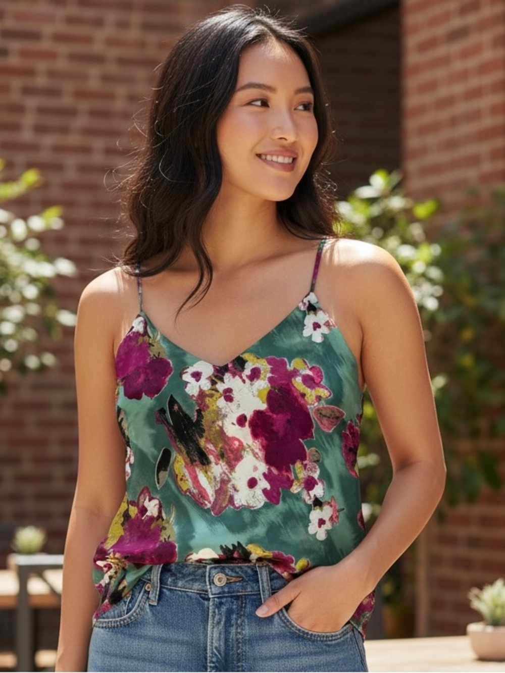 Impressions Floral Satin V-Neck Cami in Teal & Magenta